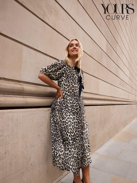 Yours Curve Animal Print Limited Woven Leopard Print Bow Dress (AK4530) | €50