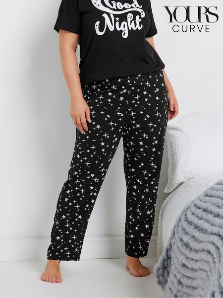 Yours Curve Black 100% Cotton Sparkly Star Wide Pyjamas Pants (AK4561) | $35