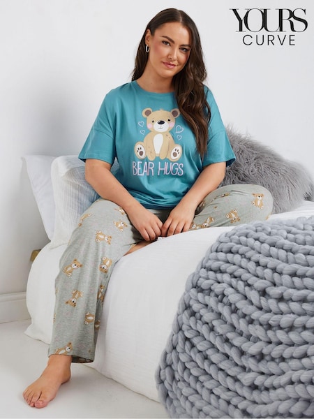Yours Curve 100% Cotton Bear Hugs Short Sleeve Wide Leg Pyjamas Set (AK4586) | ‏139 ر.ق.