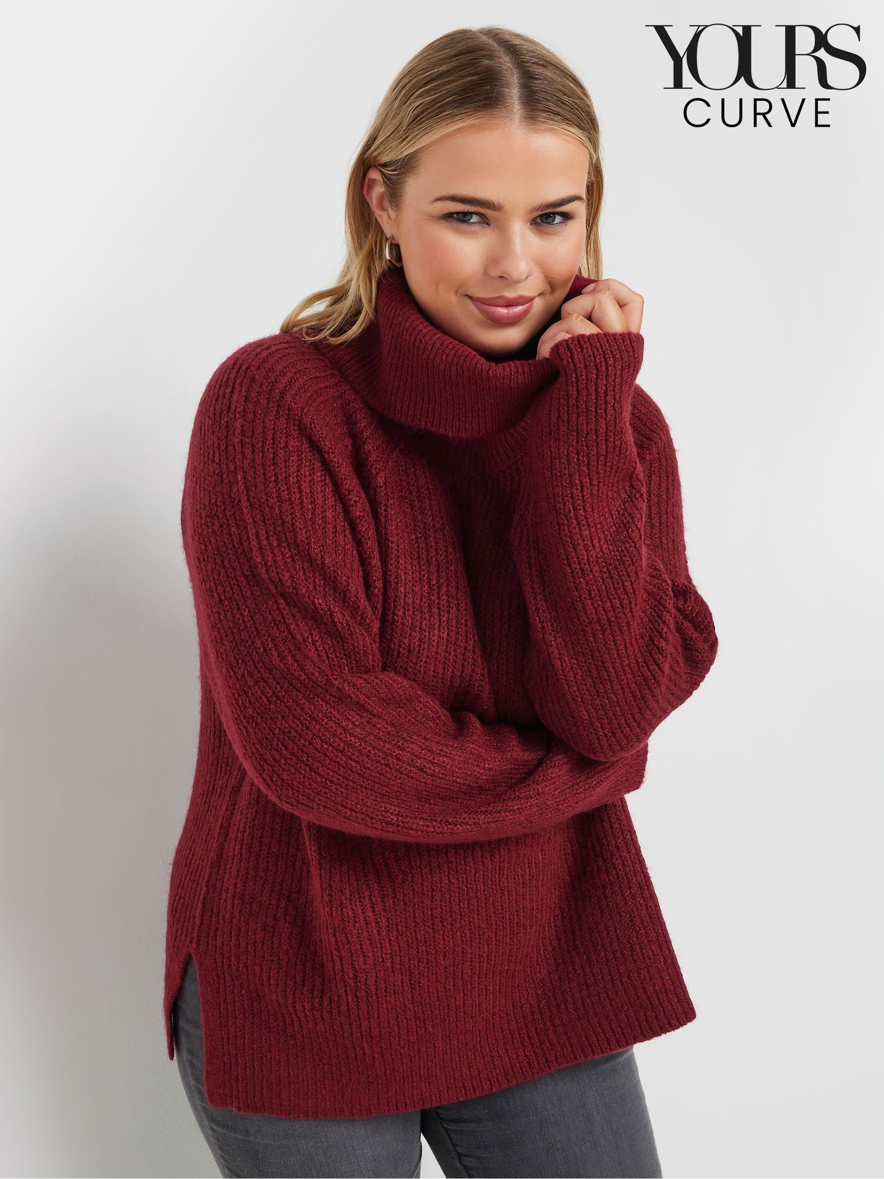 Women's red polo neck jumper cheap