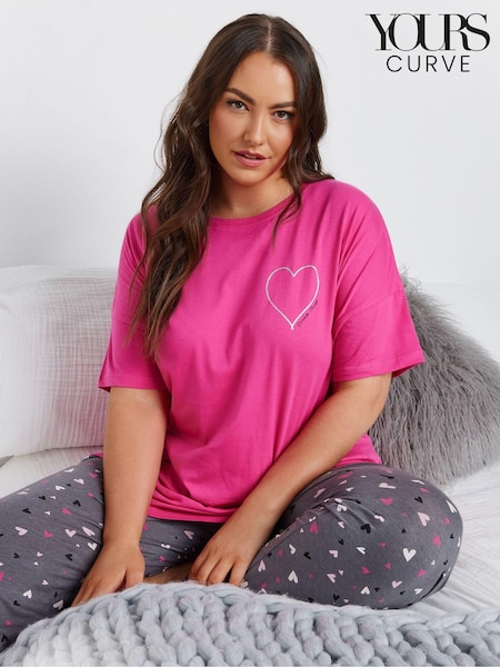 Yours Curve Pink 100% Cotton Embroidered Heart Sleeptee Top (AK4619) | €24