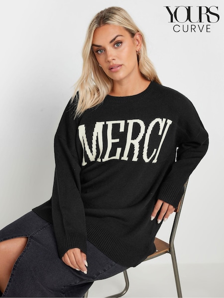 Yours Curve Black Slogan Merci Jumper (AK4623) | AED181