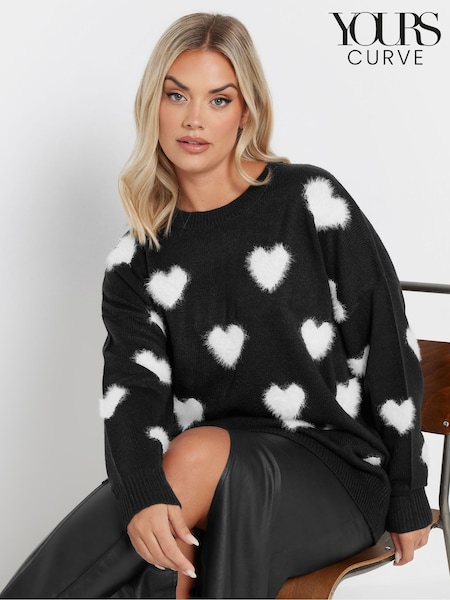 Yours Curve Black Fluffy Heart Print Jumper (AK4629) | €40