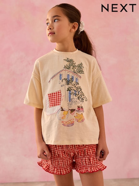 Ecru/Red Gingham Graphic T-Shirt and Bloomer Shorts Set (3-16yrs) (AK4726) | AED112 - AED142