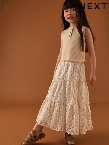 בז' - Pointelle Vest and Floral Print Lace Midi Skirt Set (3-16yrs) (AK4731) | ‏117‏₪ - ‏143‏ ₪