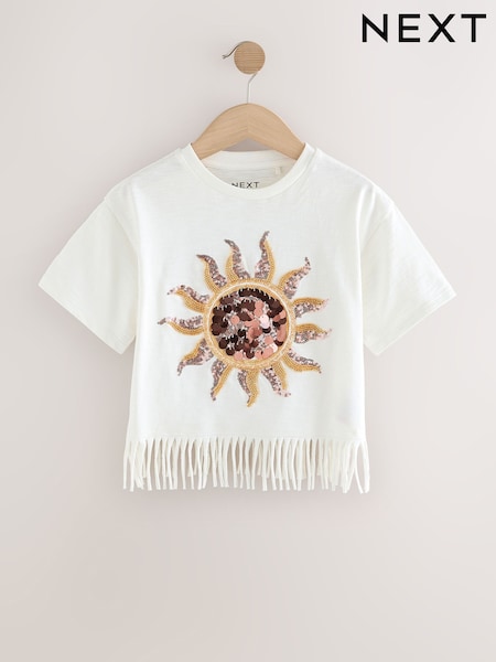 White Sequin Sun Fringe 100% Cotton T-Shirt (3-16yrs) (AK4738) | 535 UAH - 741 UAH