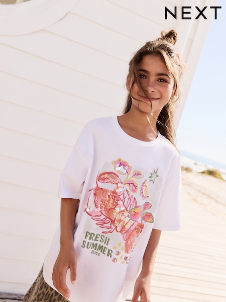 White Oversized Sequin Graphic Print T-Shirt (3-16yrs) (AK4739) | €14 - €20