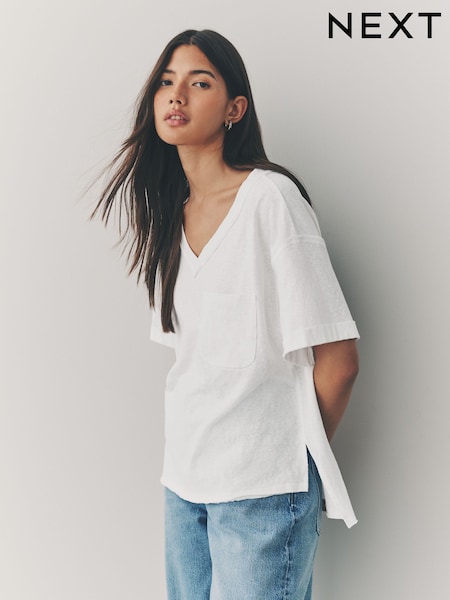 לבן בז' - Oversized V-neck Short Sleeve T-shirt (AK4801) | ‏60‏₪