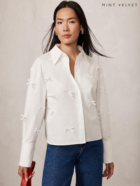 Mint Velvet White 100% Cotton Bow Detail Shirt (AK4851) | 440 QAR