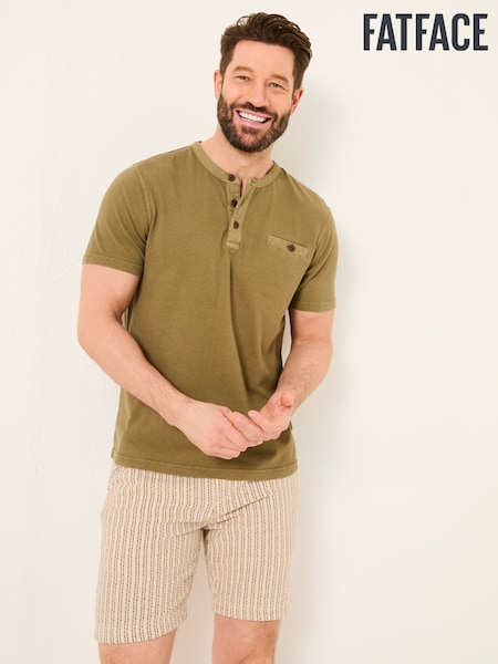 FatFace Henley Khaki Green Garment Dyed Grandad Collar Pocket Henley (AK4889) | €42