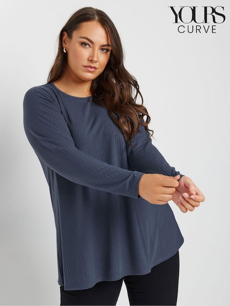 Yours Curve Blue Long Sleeve Rib Swing T-Shirt (AK4929) | 109 QAR