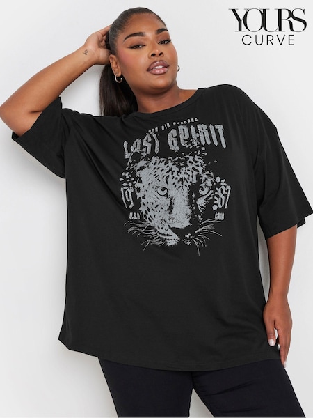 Yours Curve Black 100% Cotton Studded Boxy T-Shirt (AK4938) | €25