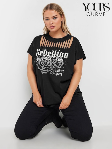Yours Curve Black 100% Cotton Laser Cut T-Shirt (AK4943) | €28