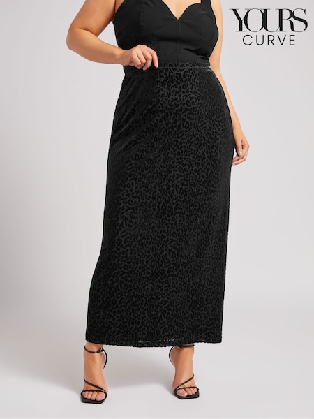 Yours Curve London Burn Out Leopard Print Velour Column Skirt (AK4950) | ‏196‏₪