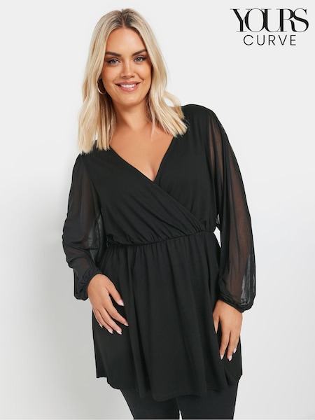 Yours Curve Black Mesh Sleeve Wrap Top (AK4954) | €39