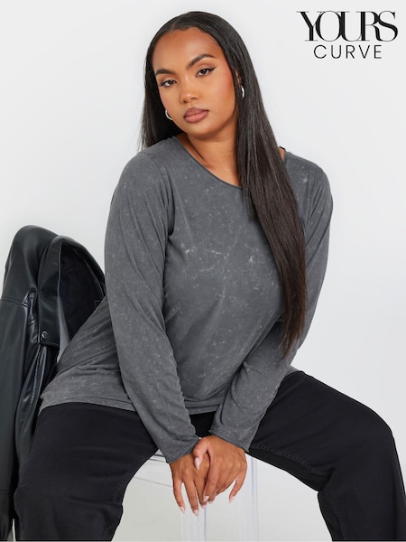 Yours Curve Grey 100% Cotton Long Sleeve Acid Wash T-Shirt (AK4967) | €27