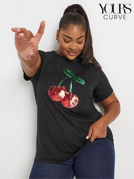 Yours Curve Black 100% Cotton Set In Sleeve Placement T-Shirt (AK4969) | €32