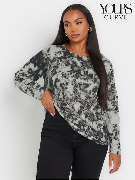 Yours Curve Dark Black 100% Cotton Long Sleeve Acid Wash T-Shirt (AK4971) | €17