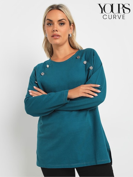 Yours Curve Blue 100% Cotton Military Button Long Sleeve T-Shirt (AK4973) | $42