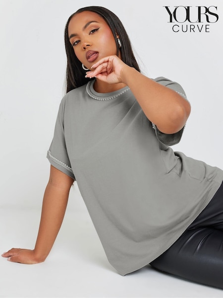 Harmaa - Yours Curve 100% Cotton Pearl Trim T-paita (AK4976) | €32