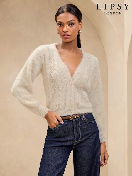 Slonovina - Lipsy Cosy Eyelash Cable Stitch Pearl Effect Button V-Neck Cardigan (AK5026) | € 34
