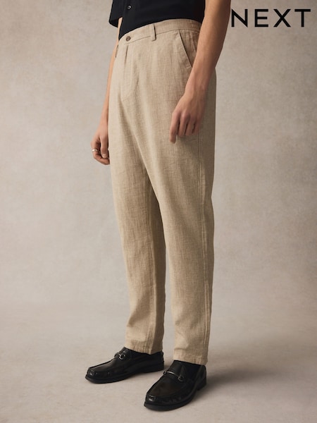 Neutral Elasticated Waist Textured Linen Blend Trousers (AK5097) | €40