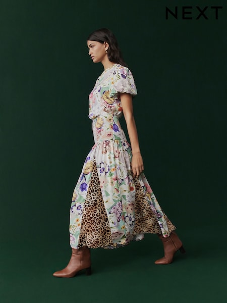 Pink Floral and Brown Leopard Print Short Sleeve Crew Neck Spliced Midi Dress (AK5101) | 314 QAR