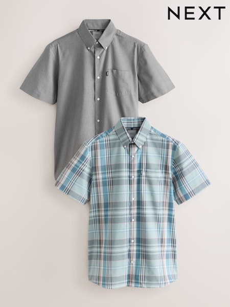 Salvianvihreä Vihreä Madras Ruutu /Grey Marl - Easy Iron Short Sleeve Oxford Shirts 2 Pack (AK5185) | €61