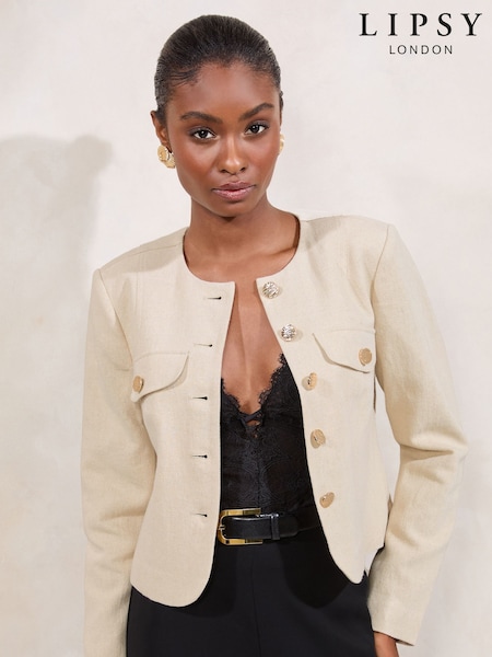 Bej crem - Lipsy Collarless Jacket With a Touch of Linen (AK5233) | 506 LEI