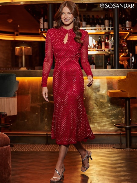 Sosandar Red Fit & Flare Sparkle Key Hole Detail Dress (AK5368) | €113