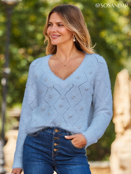 Sosandar Blue Pointelle Pearl Embellished Jumper (AK5389) | €75