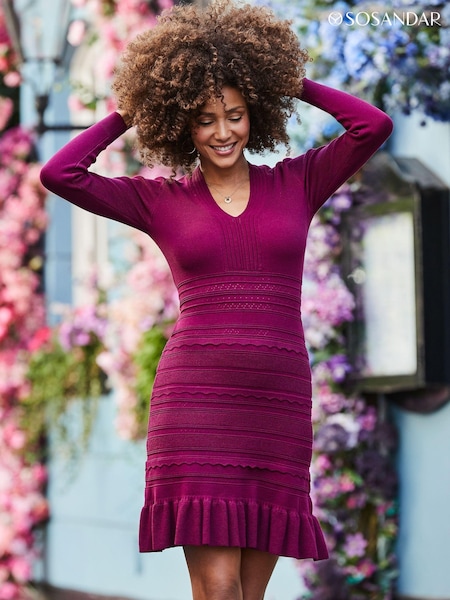 Sosandar Burgundy Red Fit & Flare Ruffle Hem Lace Detail Dress (AK5403) | AED230