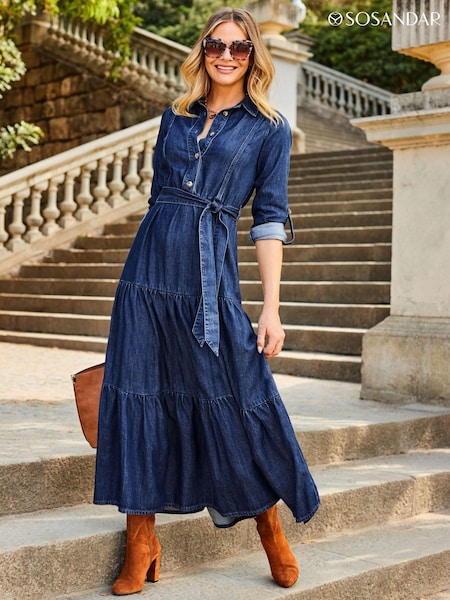 Sosandar Blue Tiered Hem Denim Midi Dress (AK5409) | €105
