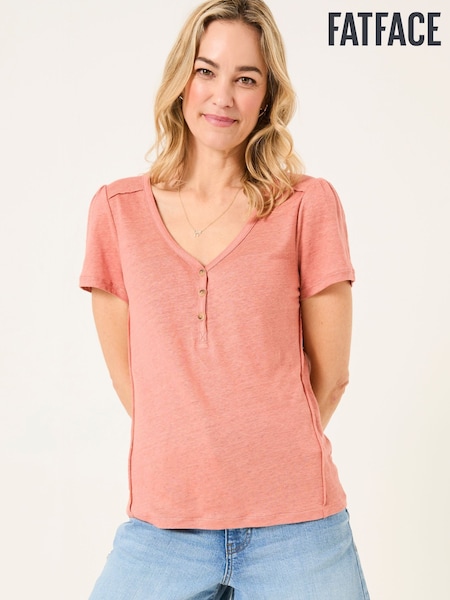FatFace Lena Rose Pink Linen Henley Top (AK5415) | €56