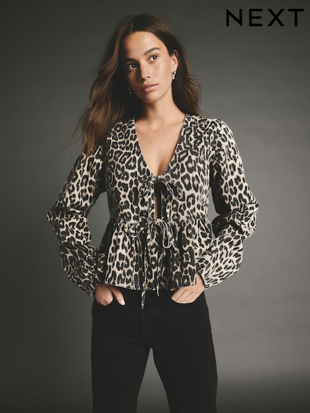 Leopardi Animal - 100% Cotton Tie Front Smock Blouse (AK5420) | €47