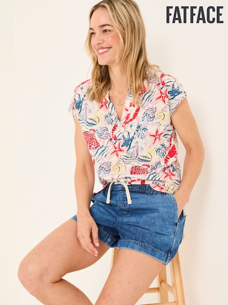 FatFace Ivory Sea Scene Linen Blend Notch Neck Top (AK5468) | €56