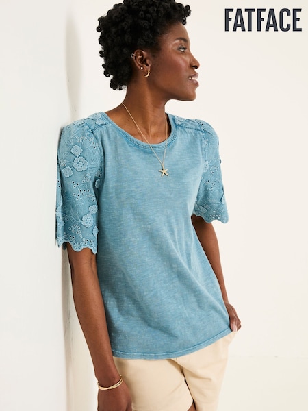 FatFace Denim Blue Pretty Broderie Top (AK5480) | ₪211