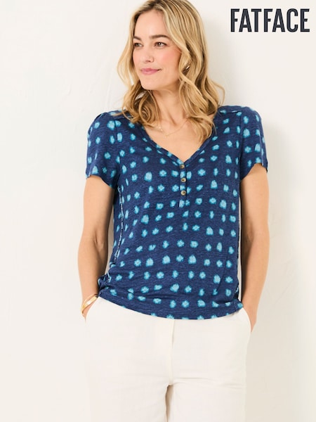 FatFace Lena Teal Blue Mini Spot Linen Henley Top (AK5485) | €56
