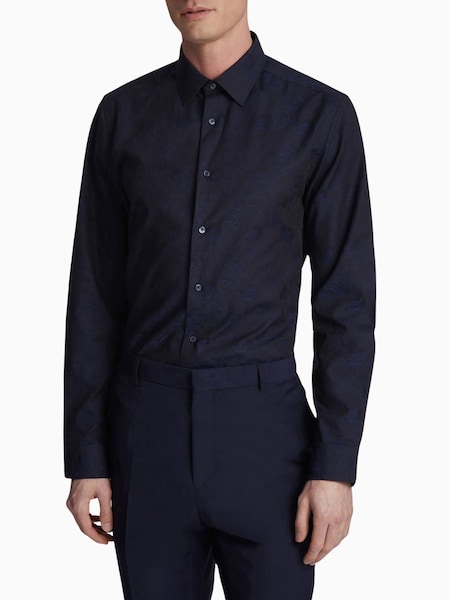 Ted Baker Tailoring Oversized Blue 100% Cotton Floral Jacquard Shirt (AK5946) | 330 LEI