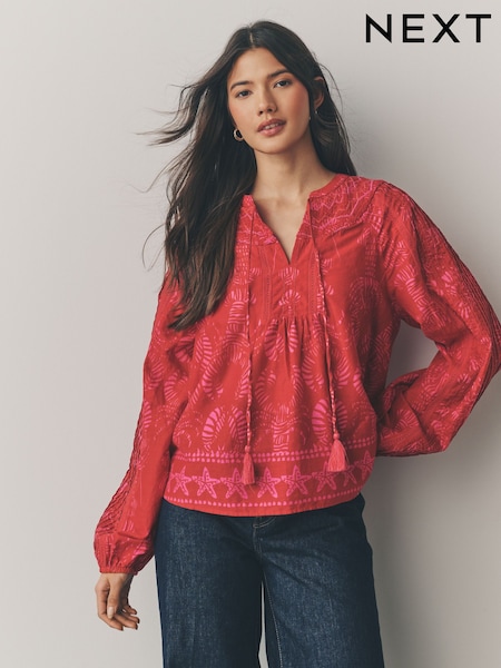 Punainen/Vaaleanpunainen Lobster Border Printti; kuvio - Long Sleeve Pintuck Tie Neck 100% Cotton Blouse (AK6068) | €56