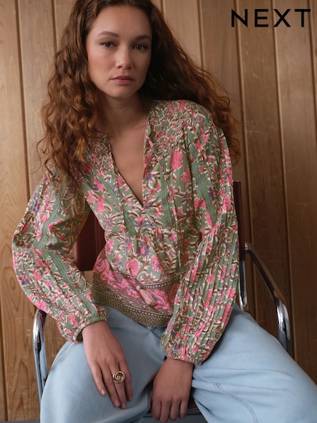 Green/Pink Floral Border Print Long Sleeve Pintuck Tie Neck 100% Cotton Blouse (AK6070) | €56