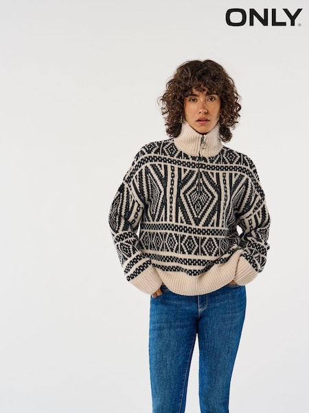 ONLY Natural Half Zip Patterned Aztec Knitted Pullover Jumper (AK6076) | €26