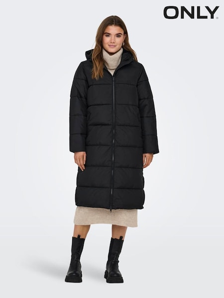 ONLY Black Hooded Long Puffer Coat (AK6080) | ₪302