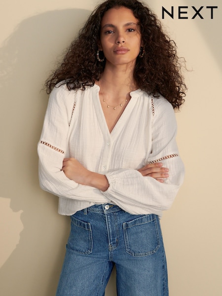 White Button Down Long Sleeve Doublecloth Blouse (AK6103) | 989 UAH