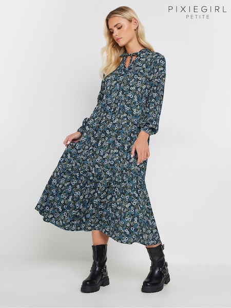 PixieGirl Petite Floral Tie Neck Midi Dress (AK6352) | 203 LEI