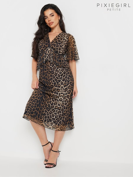 PixieGirl Petite Brown Animal Mesh Frill Midi Dress (AK6358) | 96 QAR