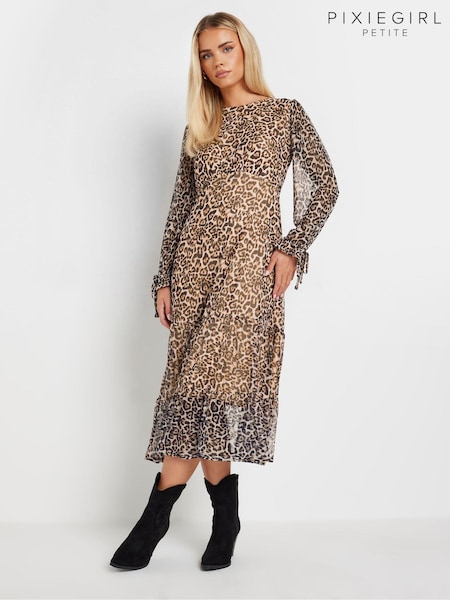 PixieGirl Petite Brown Animal Long Sleeve Mesh Tiered Midi Dress (AK6368) | €21.50