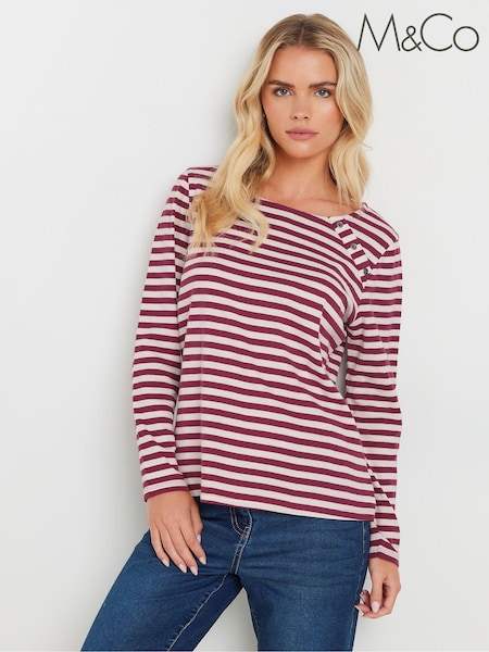 M&Co Purple Petite Stripe 3/4 Crew Neck 100% Cotton Top (AK6371) | OMR5