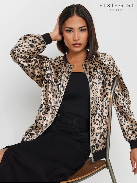 PixieGirl Petite Brown Animal Print Satin Bomber Jacket (AK6401) | €30