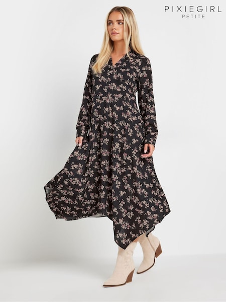 PixieGirl Petite Black Ditsy Hanky Hem Maxi Dress (AK6407) | €50